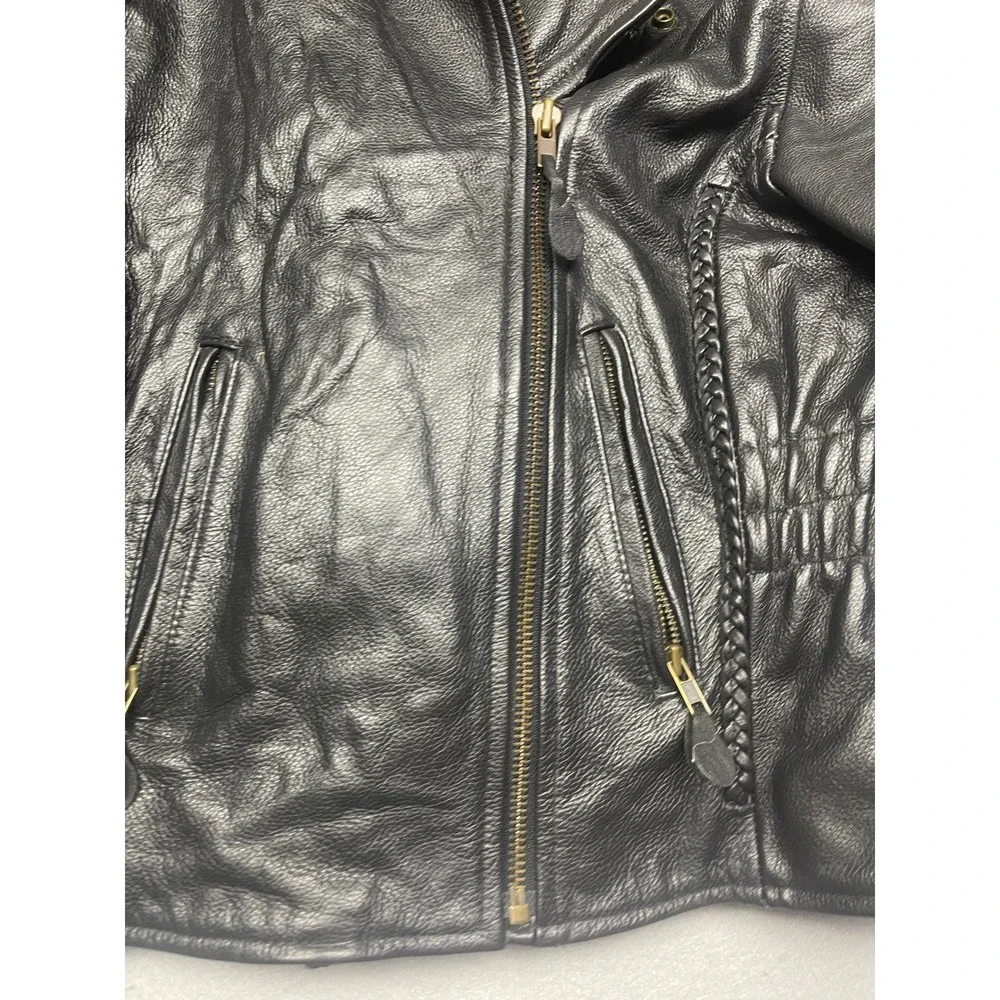 Unbranded Biker Jacket Genuine Leather Black Braided Trim Small Womens